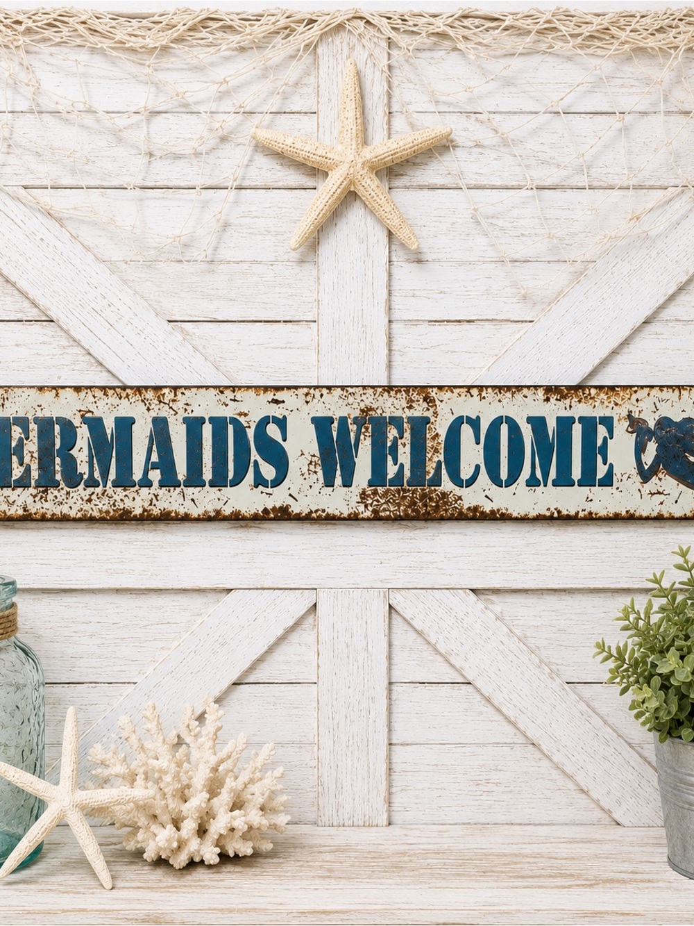 Mermaids Welcome Metal Sign Distressed Weathered Vintage Look 18" Long